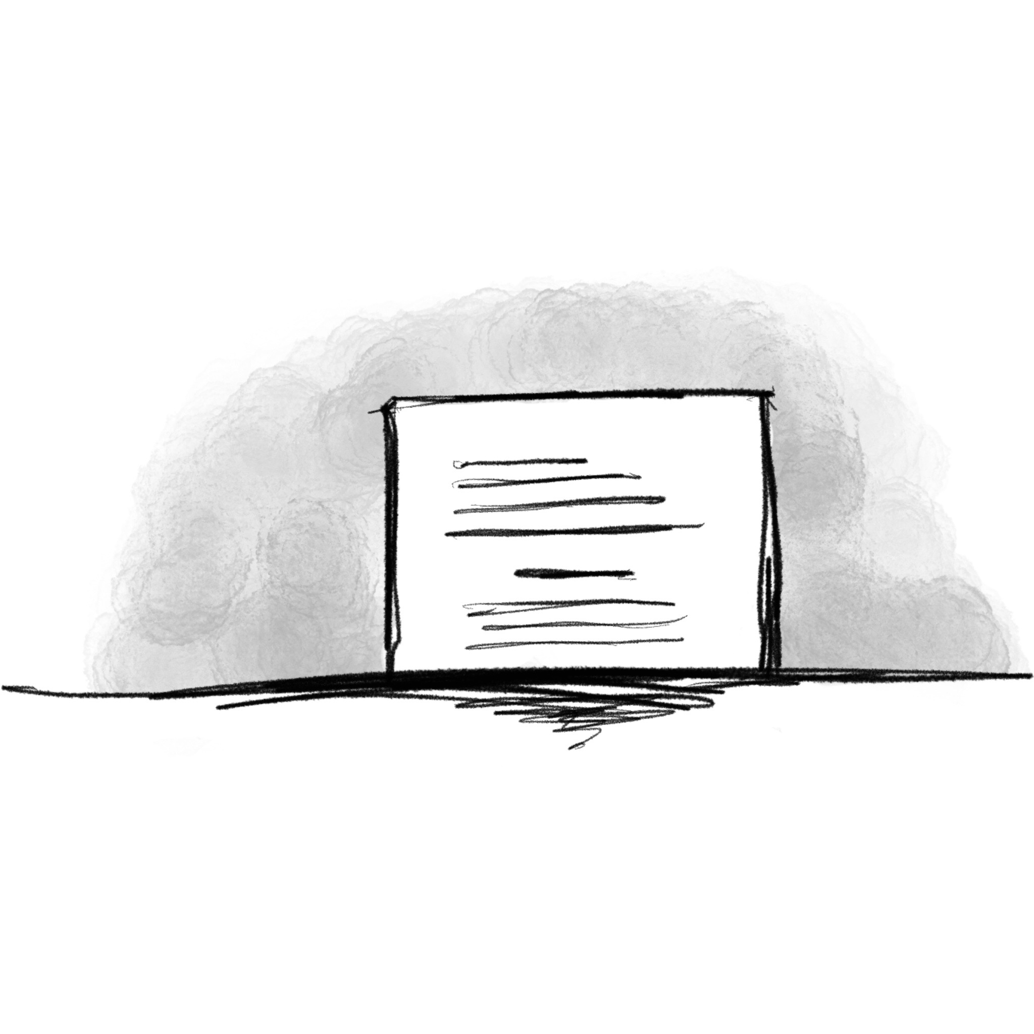 Soft pencil sketch of a blank rectangular document with faint horizontal text lines, in muted grey and cream tones on a cloudy shaded background.